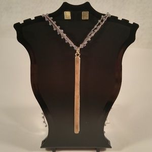 Necklace earring set gold bar seed bead gray 2-row